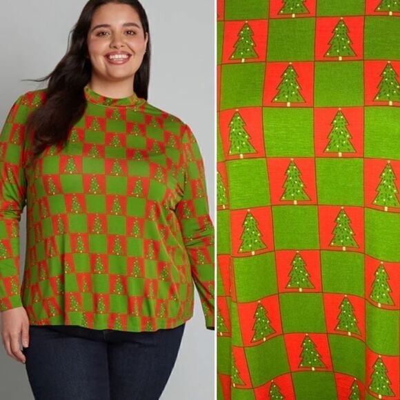 Modcloth Checkered You Got This Mock Nexk Top Knit Christmas Trees Green Red L - Picture 2 of 11